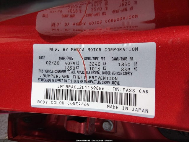 46116899 :رقم المزاد ، JM1BPACL2L1169886 vin ، 2020 Mazda Mazda3 Select Package مزاد بيع