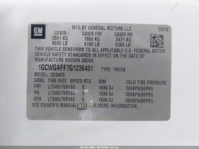 Продаж на аукціоні авто 2016 Chevrolet Express 2500 Work Van, vin: 1GCWGAFF7G1236401, номер лоту: 46116908