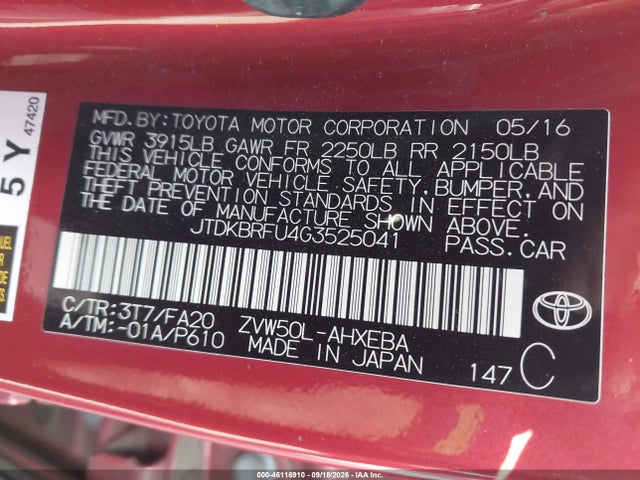 2016 Toyota Prius Two მანქანა იყიდება აუქციონზე, vin: JTDKBRFU4G3525041, აუქციონის ნომერი: 46116910