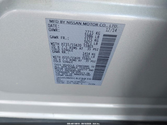 Nissan Pathfinder Platinum 2015 5N1AR2MN9FC629836 Image 9