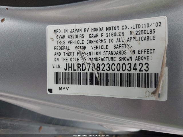 Aukcja sprzedaży 2003 Honda Cr-v Ex, vin: JHLRD78823C003423, numer aukcji: 46116921