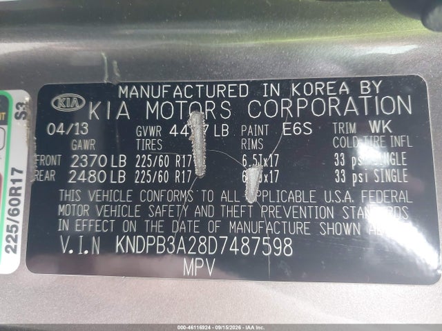 2013 Kia Sportage Lx მანქანა იყიდება აუქციონზე, vin: KNDPB3A28D7487598, აუქციონის ნომერი: 46116924