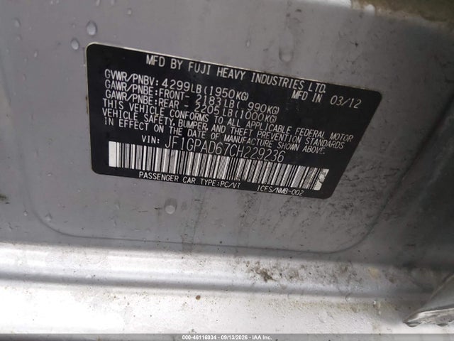 Продаж на аукціоні авто 2012 Subaru Impreza 2.0i Premium, vin: JF1GPAD67CH229236, номер лоту: 46116934