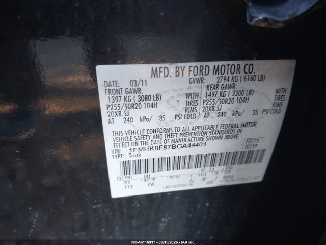 46116937 :رقم المزاد ، 1FMHK8F87BGA44401 vin ، 2011 Ford Explorer Limited مزاد بيع