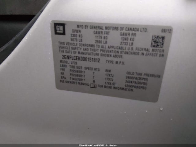2013 Chevrolet Equinox Ls მანქანა იყიდება აუქციონზე, vin: 2GNFLCEK0D6151812, აუქციონის ნომერი: 46116943