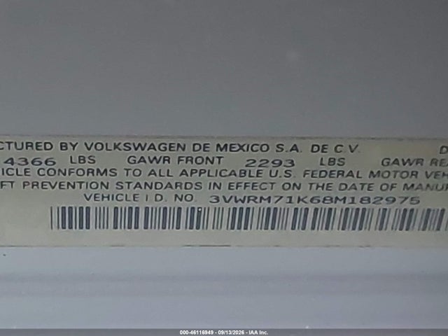 Продажа на аукционе авто 2008 Volkswagen Jetta Se/sel, vin: 3VWRM71K68M182975, номер лота: 46116949