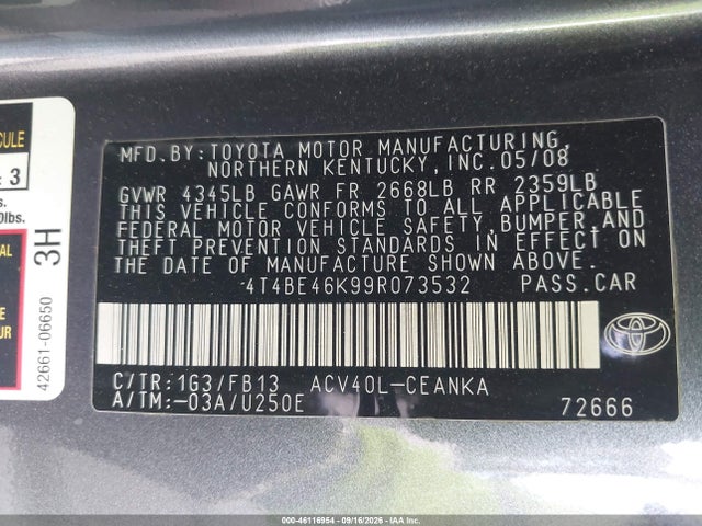 Продаж на аукціоні авто 2009 Toyota Camry Le, vin: 4T4BE46K99R073532, номер лоту: 46116954