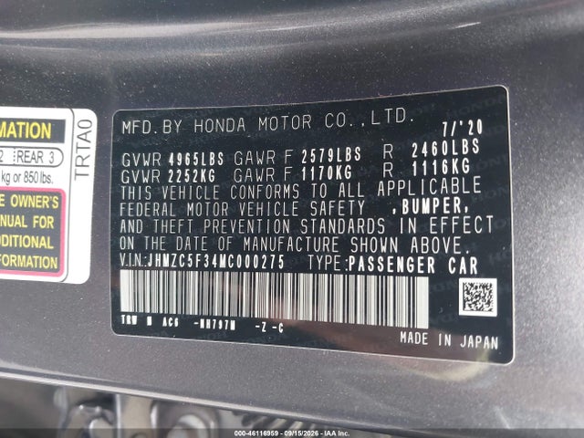 JHMZC5F34MC000275 Honda Clarity Plug-in Hybrid Touring