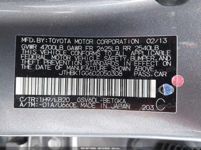 46116965 :رقم المزاد ، JTHBK1GG6D2050308 vin ، 2013 Lexus Es 350 مزاد بيع
