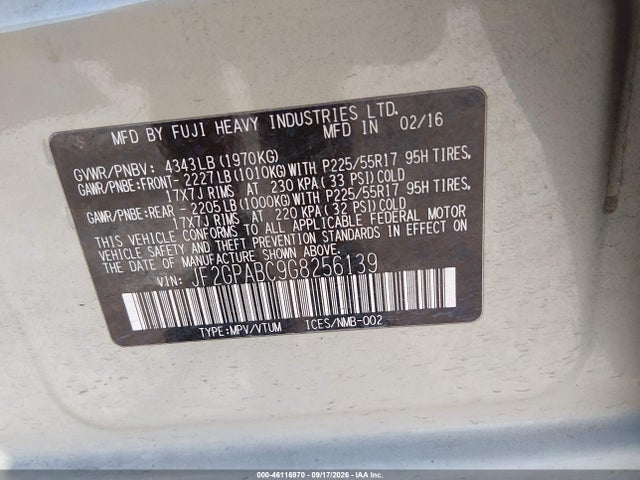 46116970 :رقم المزاد ، JF2GPABC9G8256139 vin ، 2016 Subaru Crosstrek 2.0i Premium مزاد بيع