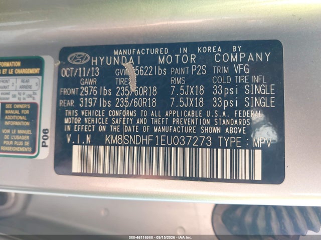 Продаж на аукціоні авто 2014 Hyundai Santa Fe Gls, vin: KM8SNDHF1EU037273, номер лоту: 46116988