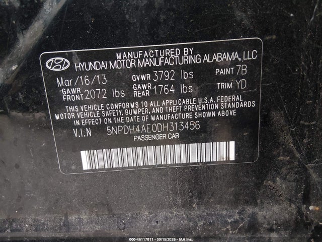 46117011 :رقم المزاد ، 5NPDH4AE0DH313456 vin ، 2013 Hyundai Elantra Gls مزاد بيع