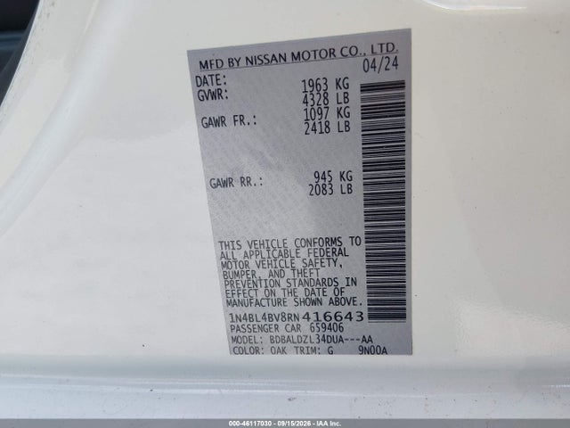 46117030 :رقم المزاد ، 1N4BL4BV8RN416643 vin ، 2024 Nissan Altima S Fwd مزاد بيع