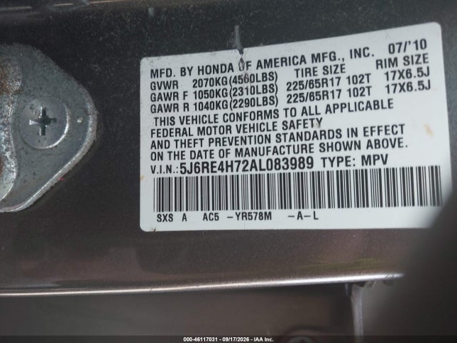 Продажа на аукционе авто 2010 Honda Cr-v Ex-l, vin: 5J6RE4H72AL083989, номер лота: 46117031