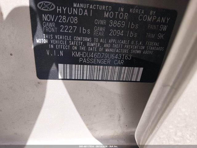 Aukcja sprzedaży 2009 Hyundai Elantra Gls, vin: KMHDU46D79U643163, numer aukcji: 46117034