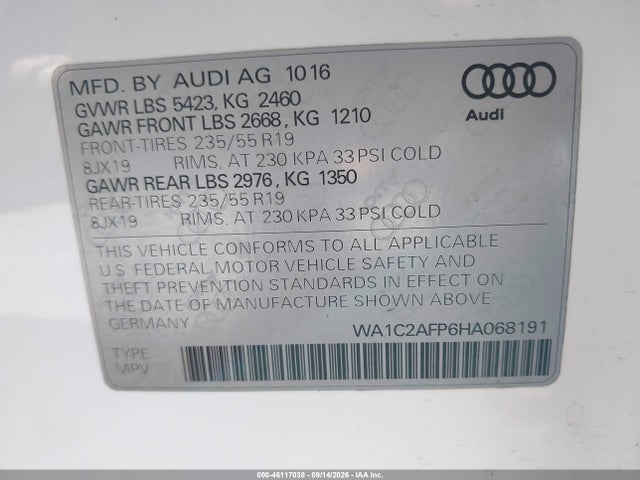 Продаж на аукціоні авто 2017 Audi Q5 2.0t Premium, vin: WA1C2AFP6HA068191, номер лоту: 46117038