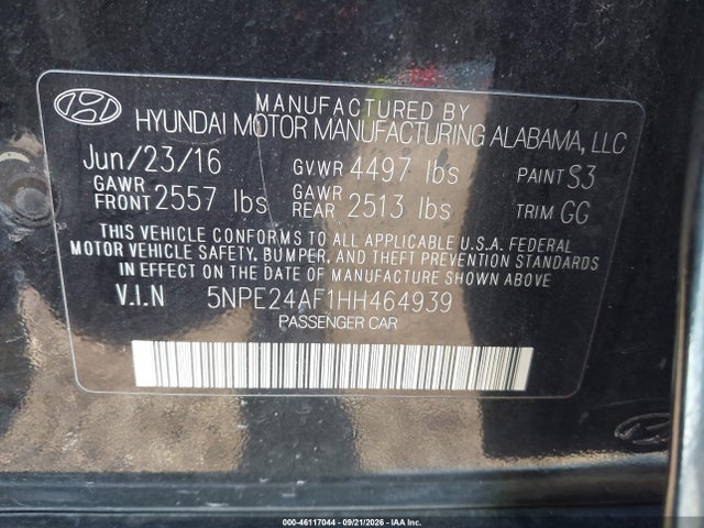 2017 Hyundai Sonata Se მანქანა იყიდება აუქციონზე, vin: 5NPE24AF1HH464939, აუქციონის ნომერი: 46117044