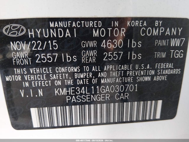 Продажа на аукционе авто 2016 Hyundai Sonata Hybrid Limited, vin: KMHE34L11GA030701, номер лота: 46117046