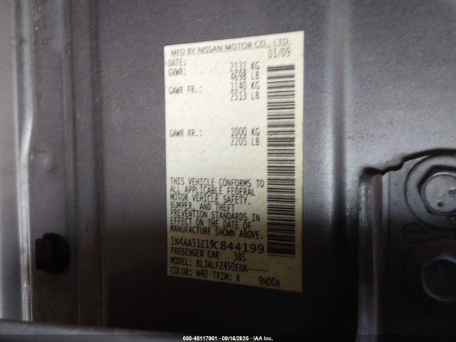 2009 Nissan Maxima 3.5 Sv მანქანა იყიდება აუქციონზე, vin: 1N4AA51E19C844199, აუქციონის ნომერი: 46117061