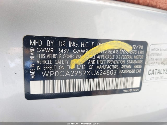 46117063 :رقم المزاد ، WP0CA2989XU624803 vin ، 1999 Porsche Boxster مزاد بيع