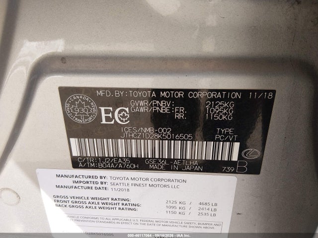 Aukcja sprzedaży 2019 Lexus Is 350, vin: JTHCZ1D28K5016505, numer aukcji: 46117064