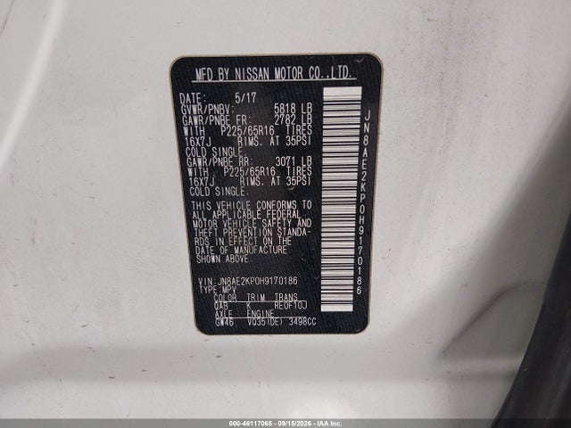 Продажа на аукционе авто 2017 Nissan Quest Sv, vin: JN8AE2KP0H9170186, номер лота: 46117065
