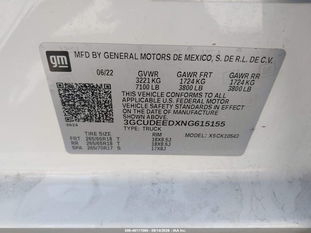 Aukcja sprzedaży 2022 Chevrolet Silverado 1500 4wd  Short Bed Rst, vin: 3GCUDEEDXNG615155, numer aukcji: 46117068