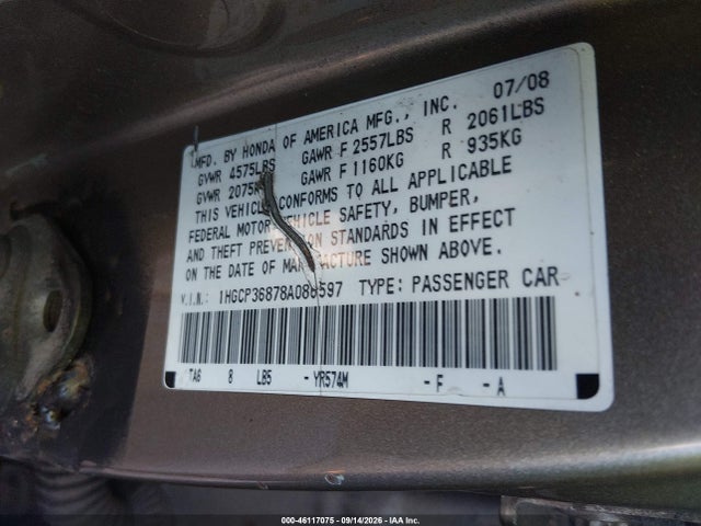 Продаж на аукціоні авто 2008 Honda Accord 3.5 Ex-l, vin: 1HGCP36878A086597, номер лоту: 46117075