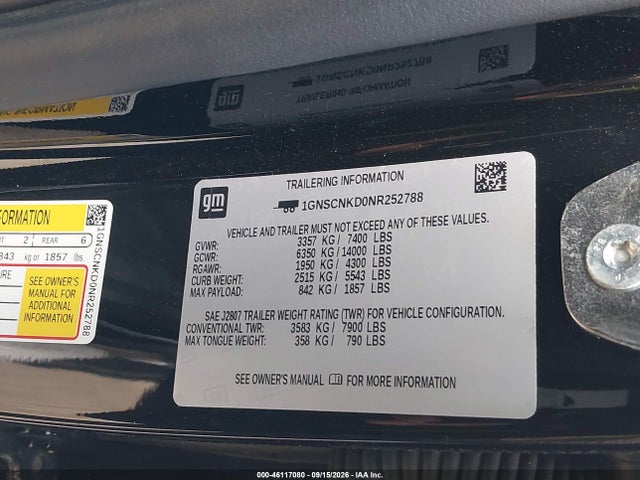 Aukcja sprzedaży 2022 Chevrolet Tahoe 2wd Lt, vin: 1GNSCNKD0NR252788, numer aukcji: 46117080