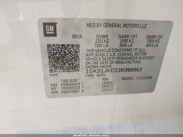 Aukcja sprzedaży 2018 Gmc Yukon Xl Slt Standard Edition, vin: 1GKS1JKC7JR369863, numer aukcji: 46117087
