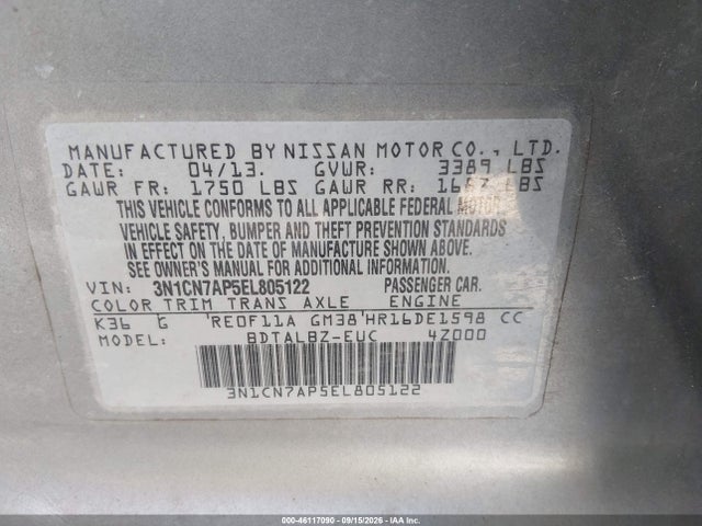46117090 :رقم المزاد ، 3N1CN7AP5EL805122 vin ، 2014 Nissan Versa 1.6 Sv مزاد بيع