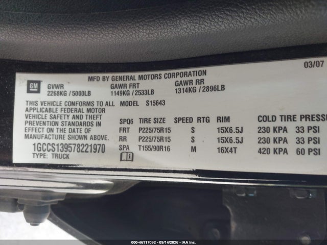 46117092 :رقم المزاد ، 1GCCS139578221970 vin ، 2007 Chevrolet Colorado Lt مزاد بيع