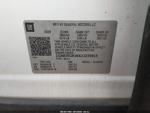 Aukcja sprzedaży 2018 Chevrolet Traverse 1lt, vin: 1GNERGKW4JJ235915, numer aukcji: 46117098