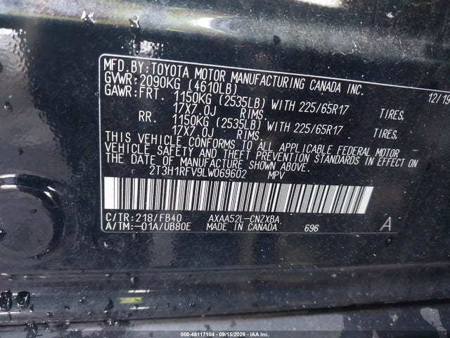 Aukcja sprzedaży 2020 Toyota Rav4 Le, vin: 2T3H1RFV9LW069602, numer aukcji: 46117104