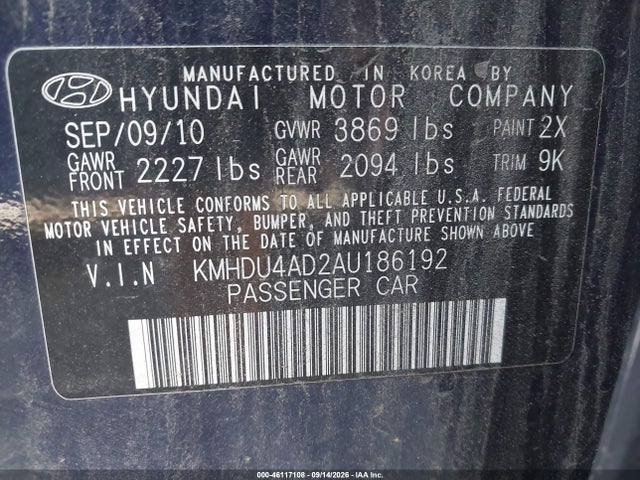 Продажа на аукционе авто 2010 Hyundai Elantra Gls, vin: KMHDU4AD2AU186192, номер лота: 46117108