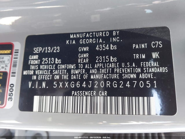2024 Kia K5 Gt-line მანქანა იყიდება აუქციონზე, vin: 5XXG64J20RG247051, აუქციონის ნომერი: 46117111