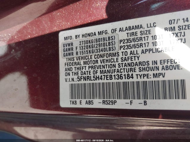 46117112 :رقم المزاد ، 5FNRL5H47EB136184 vin ، 2014 Honda Odyssey Ex مزاد بيع