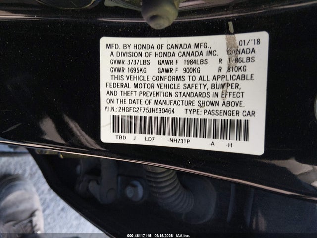 Aukcja sprzedaży 2018 Honda Civic Ex, vin: 2HGFC2F75JH530464, numer aukcji: 46117115