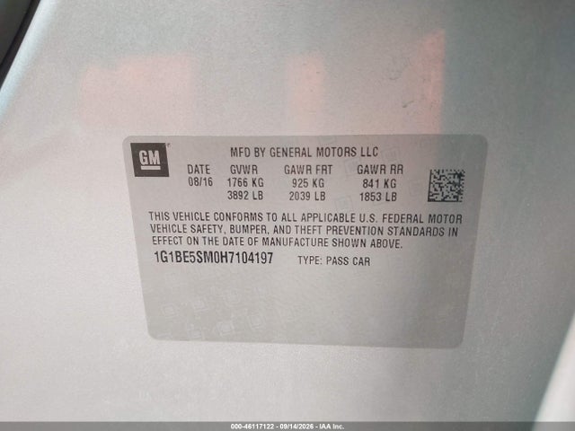 46117122 :رقم المزاد ، 1G1BE5SM0H7104197 vin ، 2017 Chevrolet Cruze Lt Auto مزاد بيع