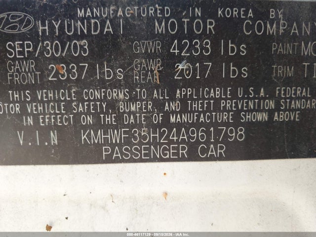 Aukcja sprzedaży 2004 Hyundai Sonata Gls/lx, vin: KMHWF35H24A961798, numer aukcji: 46117129