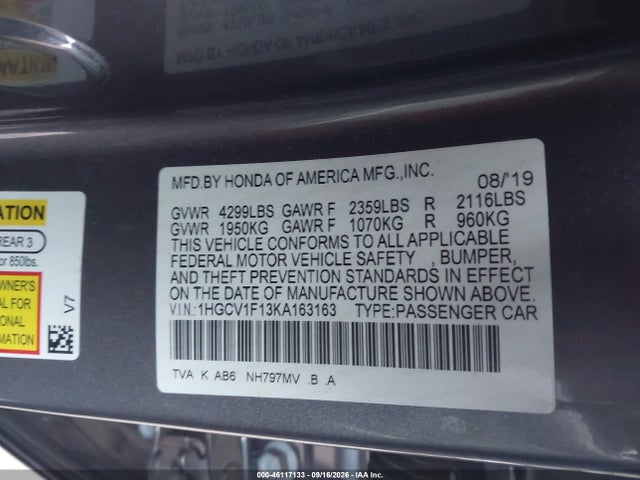 1HGCV1F13KA163163 Honda ACCORD LX