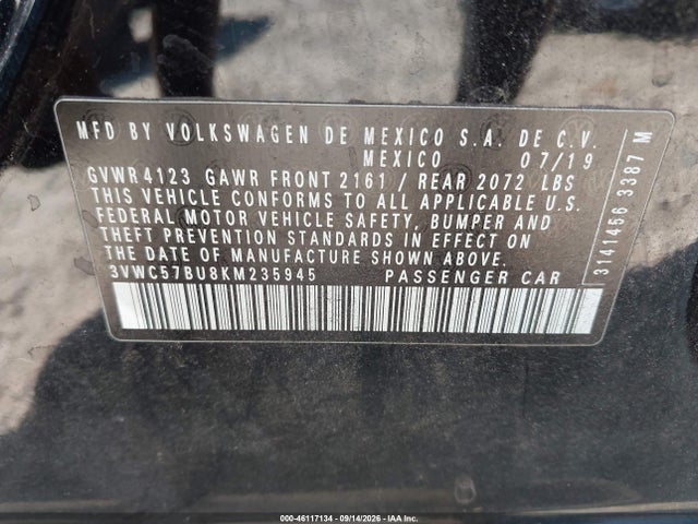 2019 Volkswagen Jetta 1.4t R-line/1.4t S/1.4t Se მანქანა იყიდება აუქციონზე, vin: 3VWC57BU8KM235945, აუქციონის ნომერი: 46117134