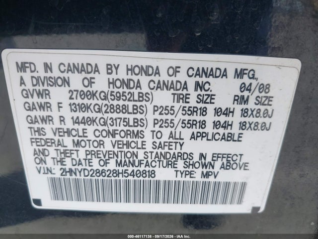 2008 Acura Mdx Technology Package მანქანა იყიდება აუქციონზე, vin: 2HNYD28628H540818, აუქციონის ნომერი: 46117138
