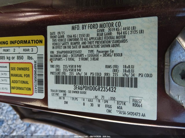 46117161 :رقم المزاد ، 3FA6P0HD0GR235432 vin ، 2016 Ford Fusion Se مزاد بيع