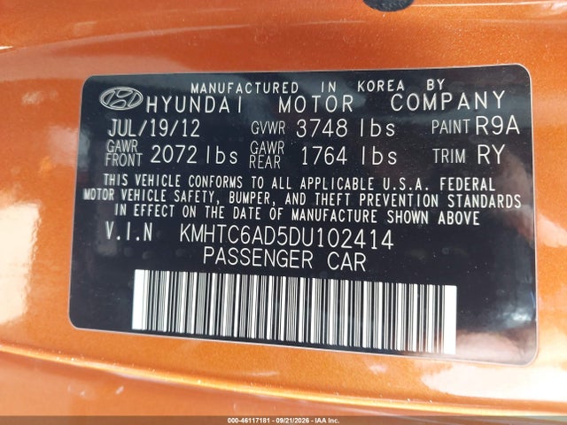 Продаж на аукціоні авто 2013 Hyundai Veloster Base W/black, vin: KMHTC6AD5DU102414, номер лоту: 46117181