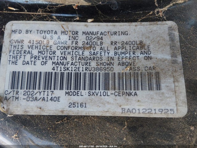 46117195 :رقم المزاد ، 4T1SK12E1RU386950 vin ، 1994 Toyota Camry Le مزاد بيع