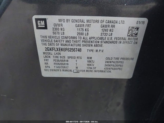 46117210 :رقم المزاد ، 2GKFLXEK6F6256748 vin ، 2015 Gmc Terrain Slt-1 مزاد بيع