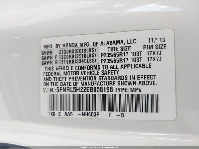 Aukcja sprzedaży 2014 Honda Odyssey Lx, vin: 5FNRL5H22EB058198, numer aukcji: 46117215