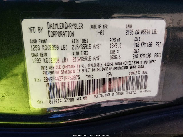 Aukcja sprzedaży 2001 Dodge Grand Caravan Sport, vin: 2B4GP44371R250975, numer aukcji: 46117232