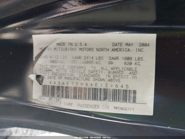 Продаж на аукціоні авто 2004 Mitsubishi Eclipse Spyder Gts, vin: 4A3AE75H84E134645, номер лоту: 46117246